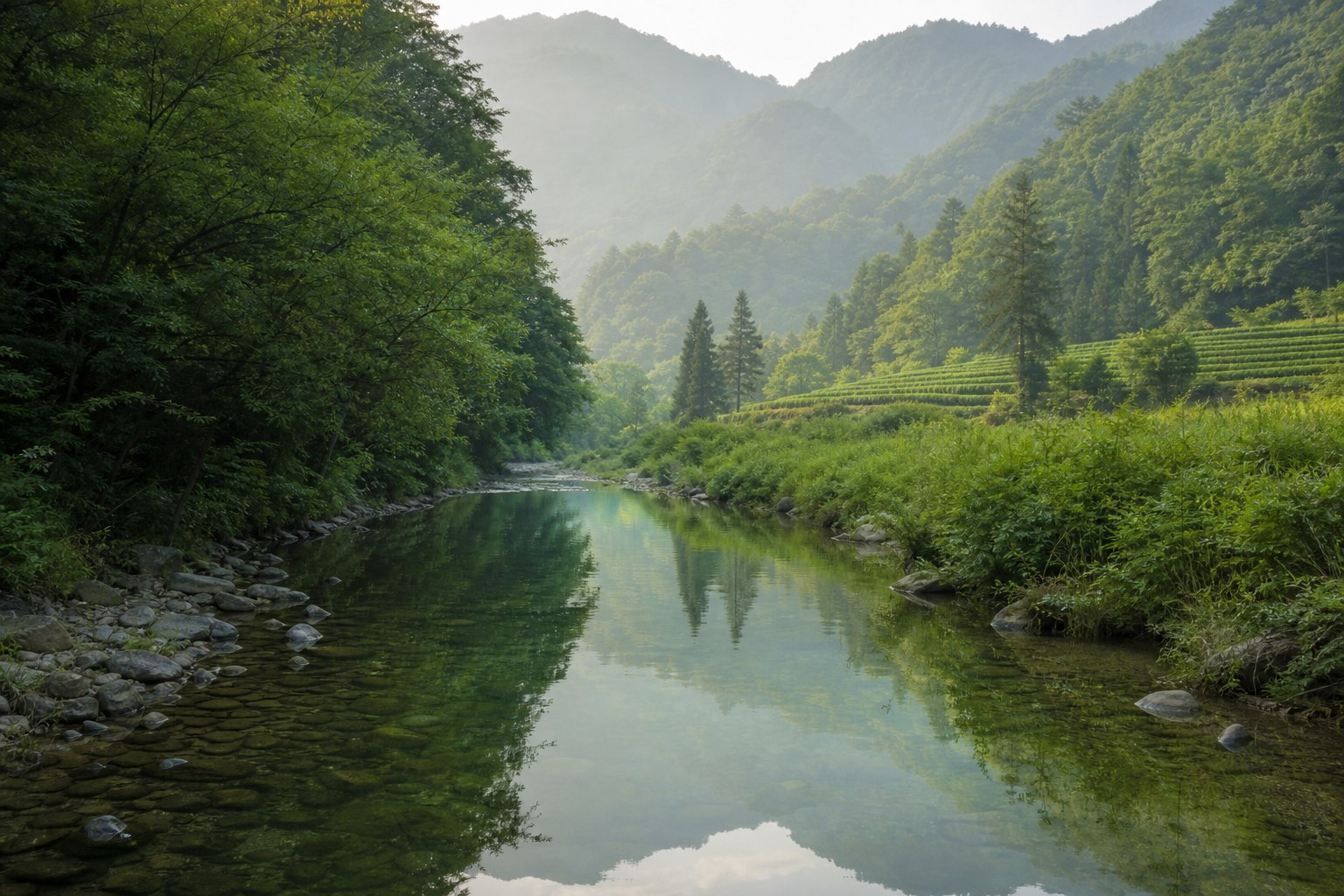 流经茶园山谷的清澈溪水