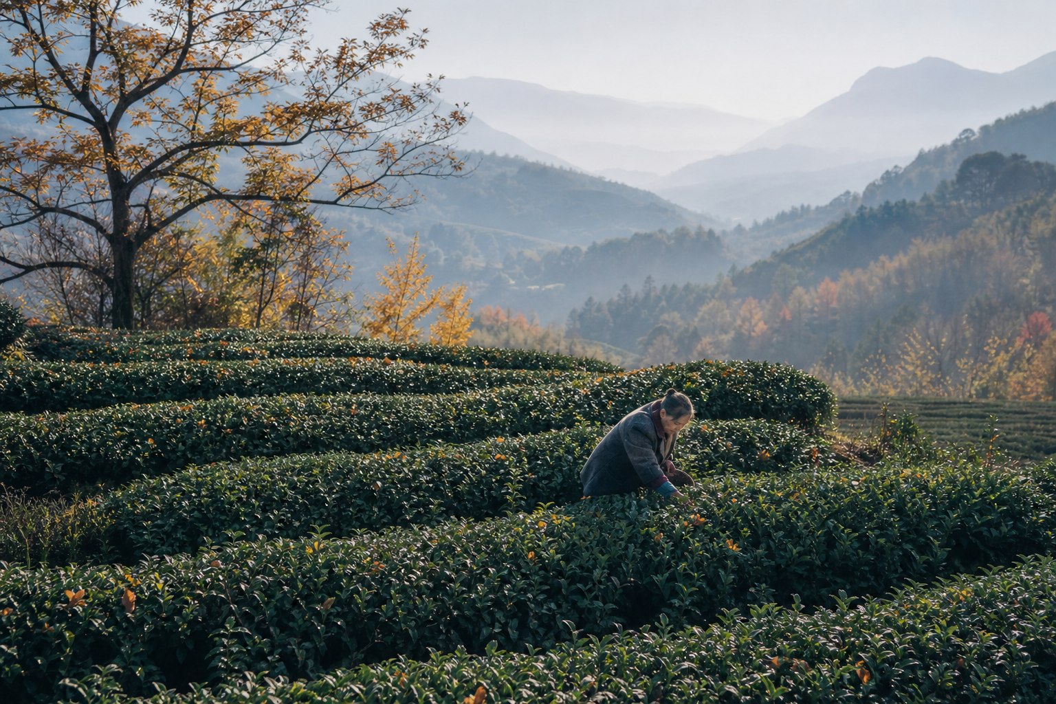 茶农在秋季茶园中进行日常养护