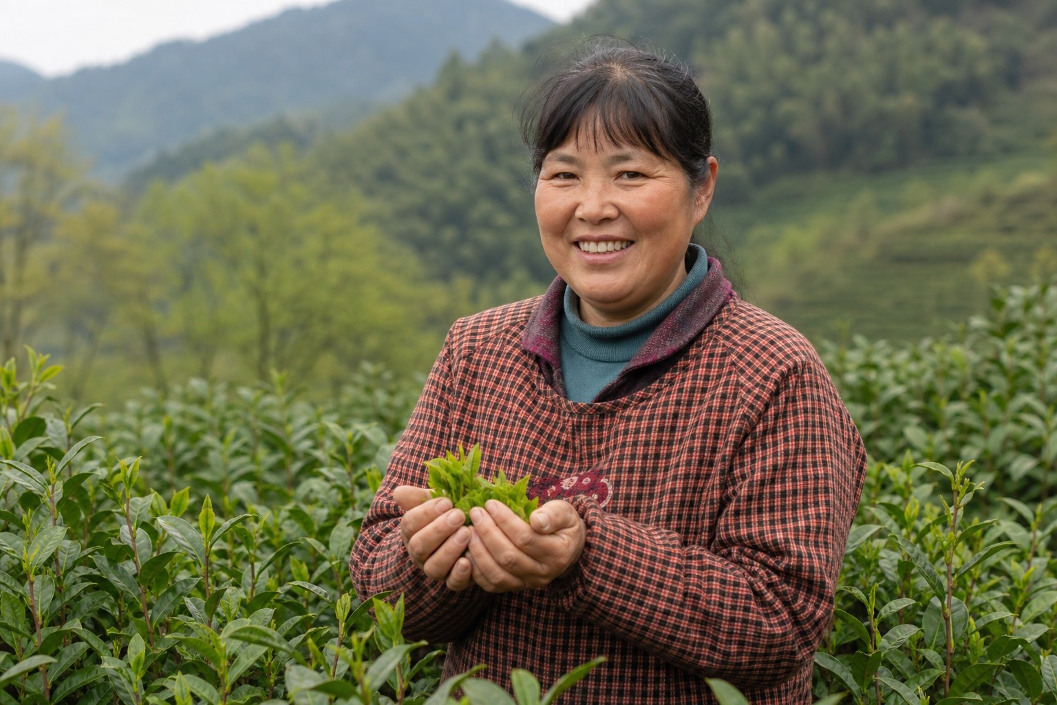 茶农在茶园中展示新采下的鲜叶