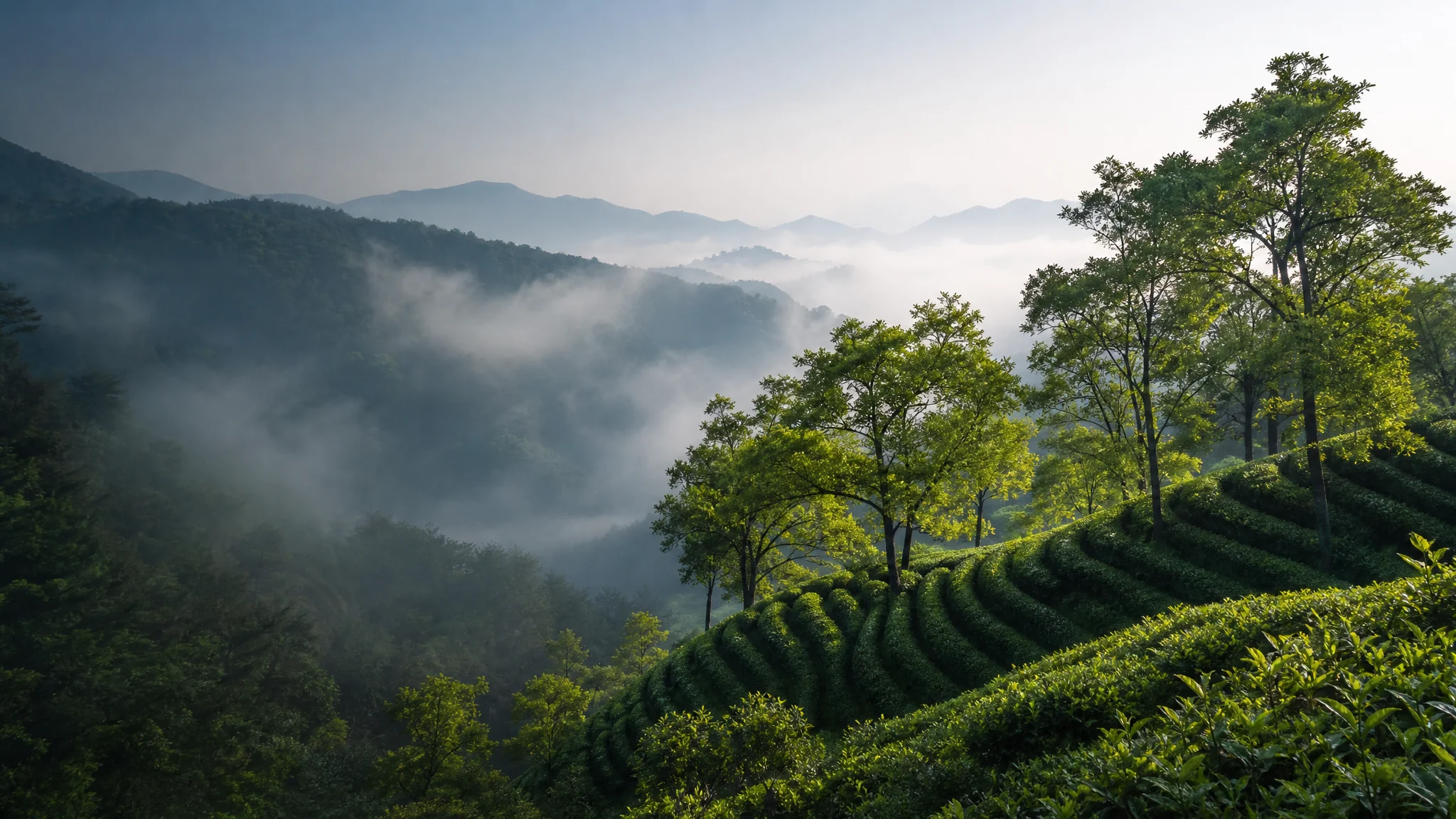 云雾山岭中茶树与林木共生的生态茶园