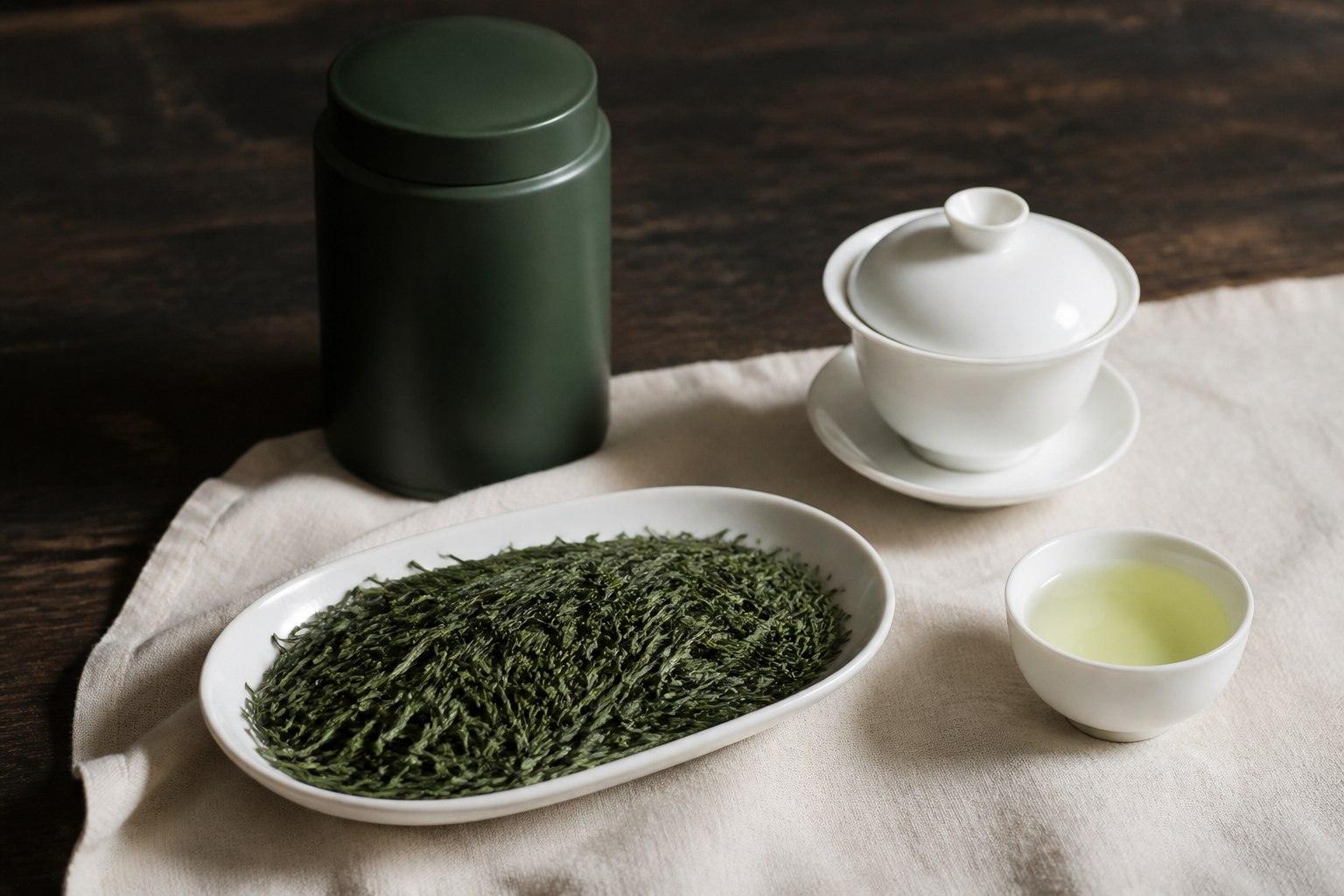 高香毛尖干茶与盖碗茶汤
